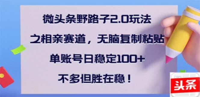 （14334期）微头条野路子2.0玩法之相亲赛道，无脑搬砖复制粘贴，单账号日稳定300+…-柚子网创