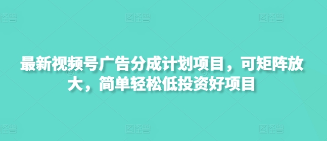 最新视频号广告分成计划项目，可矩阵放大，简单轻松低投资好项目-柚子网创