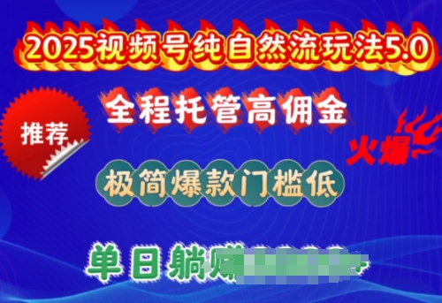 2025视频号纯自然流玩法5.0，全程托管高佣金，极简爆款门槛低，单日收益多张【揭秘】-柚子网创